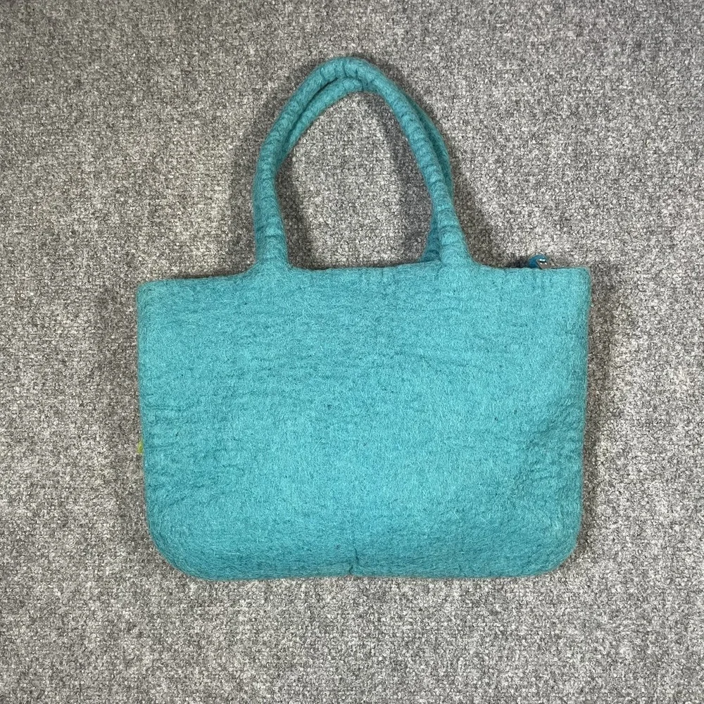 BNB Felted Wool Tote Bag Womens Large Turquoise Blue 3D Floral Applique Nepal